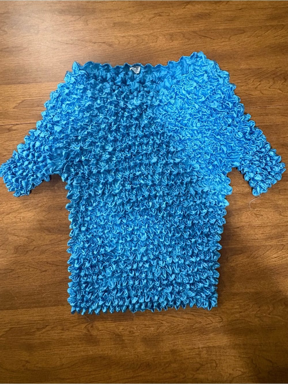 Vintage 90s Y2K Magic Crinkle Solid Bright Blue Short Sleeve Stretch Top OS
